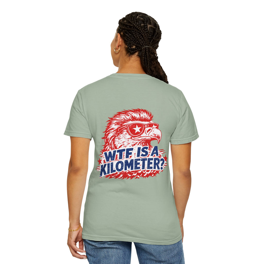 WTF Is a Kilometer? Graphic T‑Shirt — Retro Eagle Patriotic Travel Humor