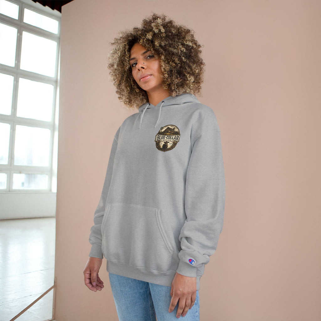 Blue-Collar Wear RANCHER Shield Hoodie — Vintage Workwear Logo Pullover