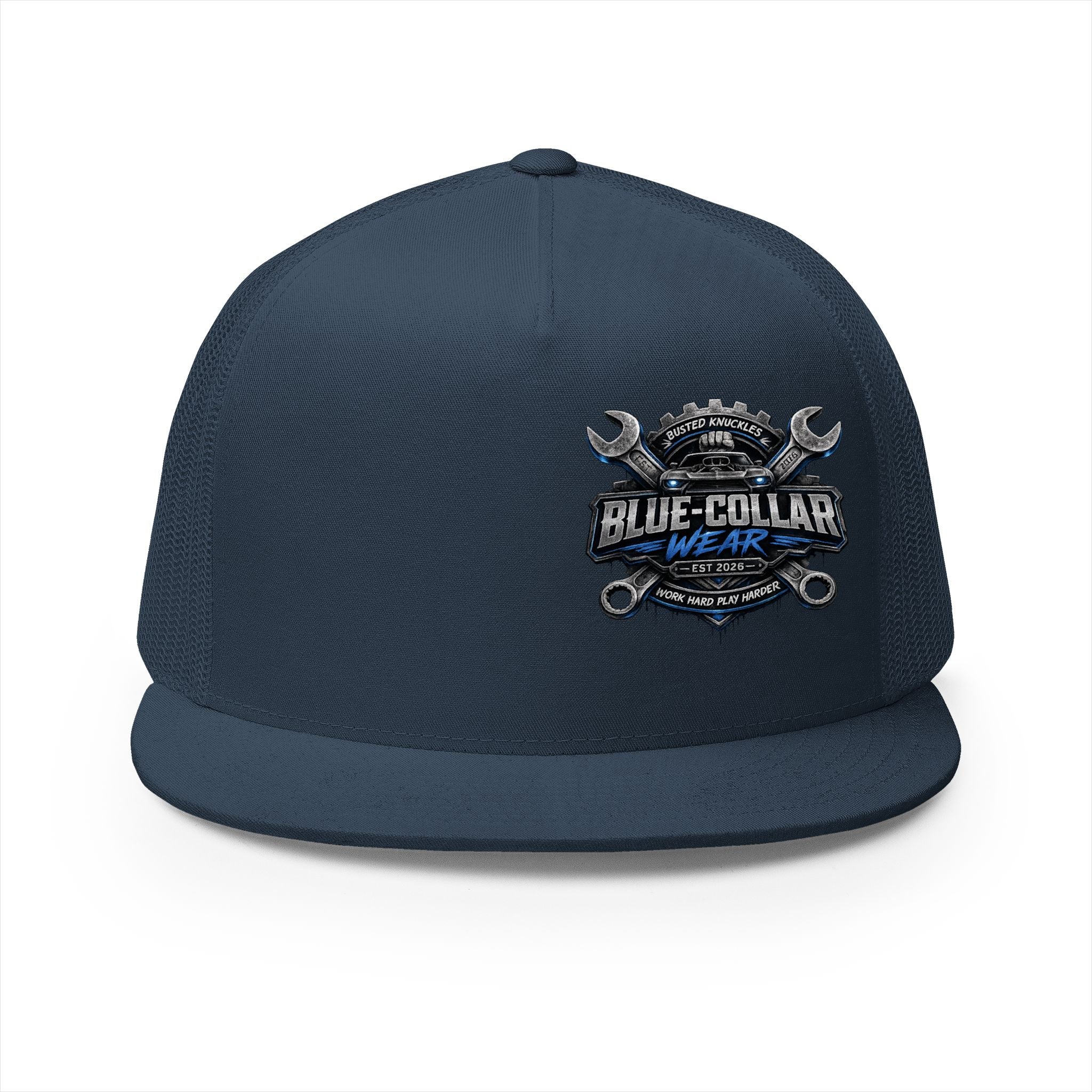 Blue-Collar Wear Trucker Cap — Vintage Mechanic Logo Snapback
