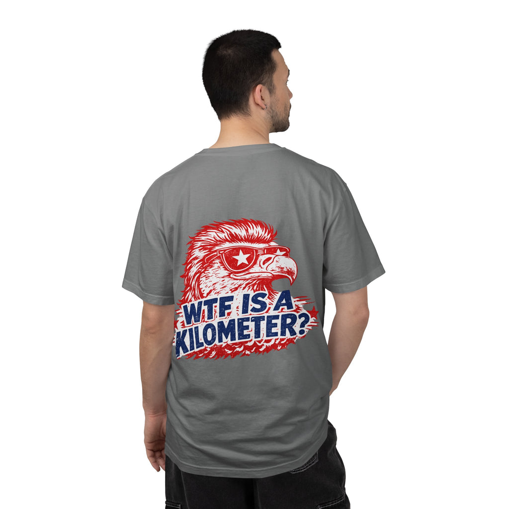 WTF Is a Kilometer? Graphic T‑Shirt — Retro Eagle Patriotic Travel Humor