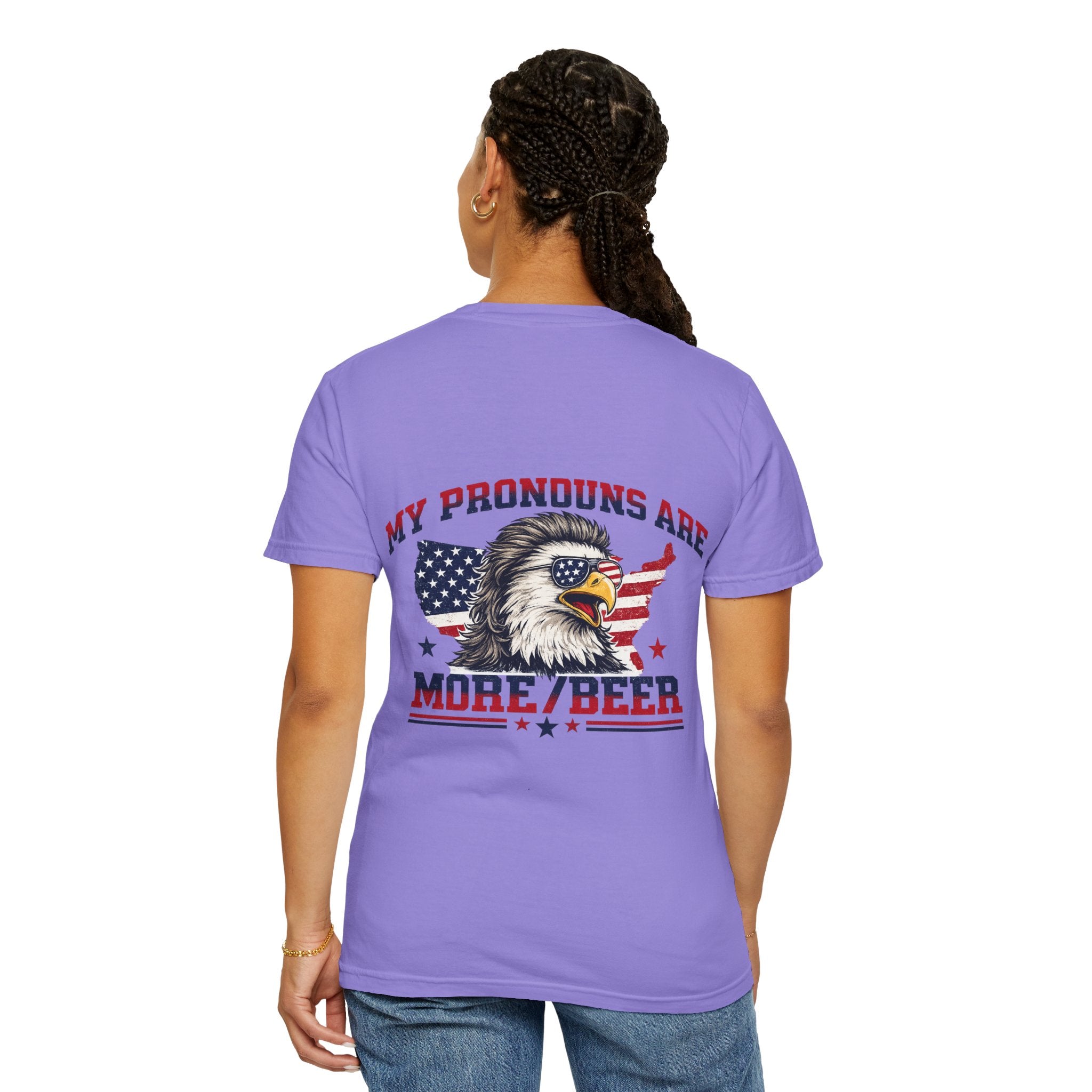 T-Shirt — "My Pronouns Are More/Beer" Patriotic Eagle Graphic
