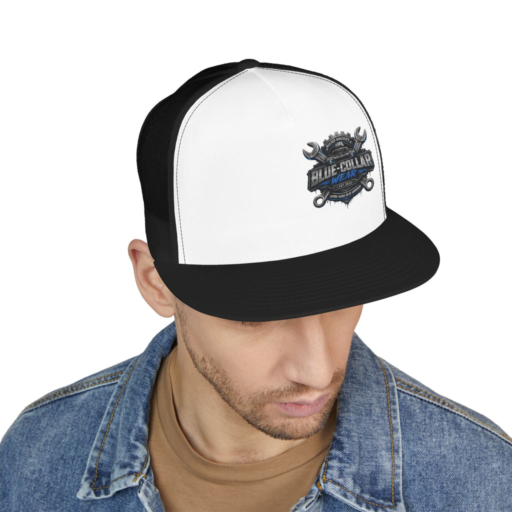 Blue-Collar Wear Trucker Cap — Vintage Mechanic Logo Snapback