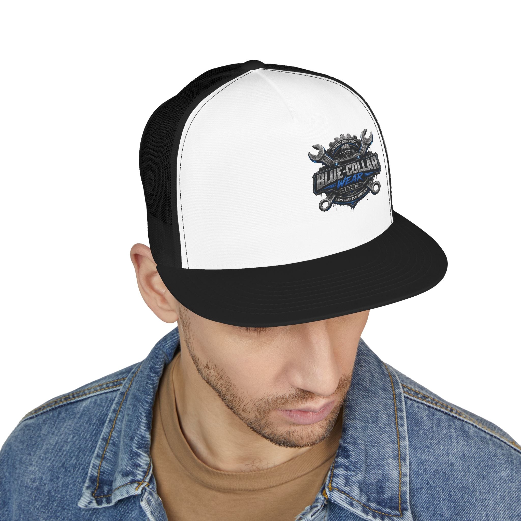 Blue-Collar Wear Trucker Cap — Vintage Mechanic Logo Snapback