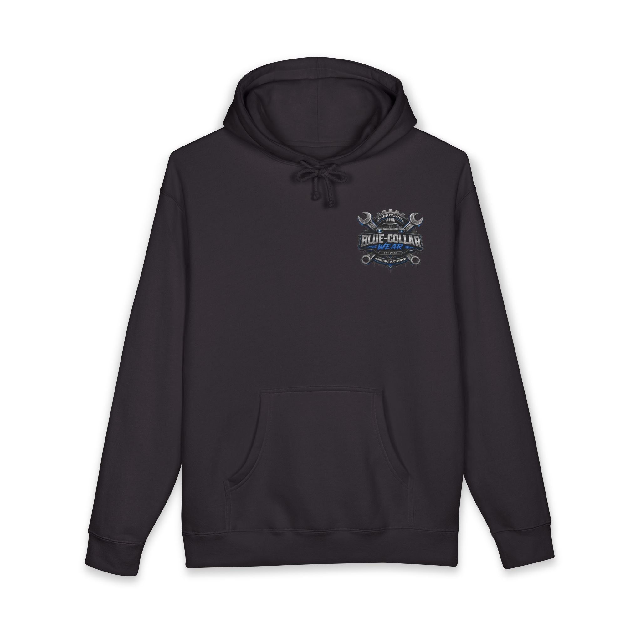 Blue-Collar Wear Hoodie — Mechanic Wrench Logo Workwear Pullover