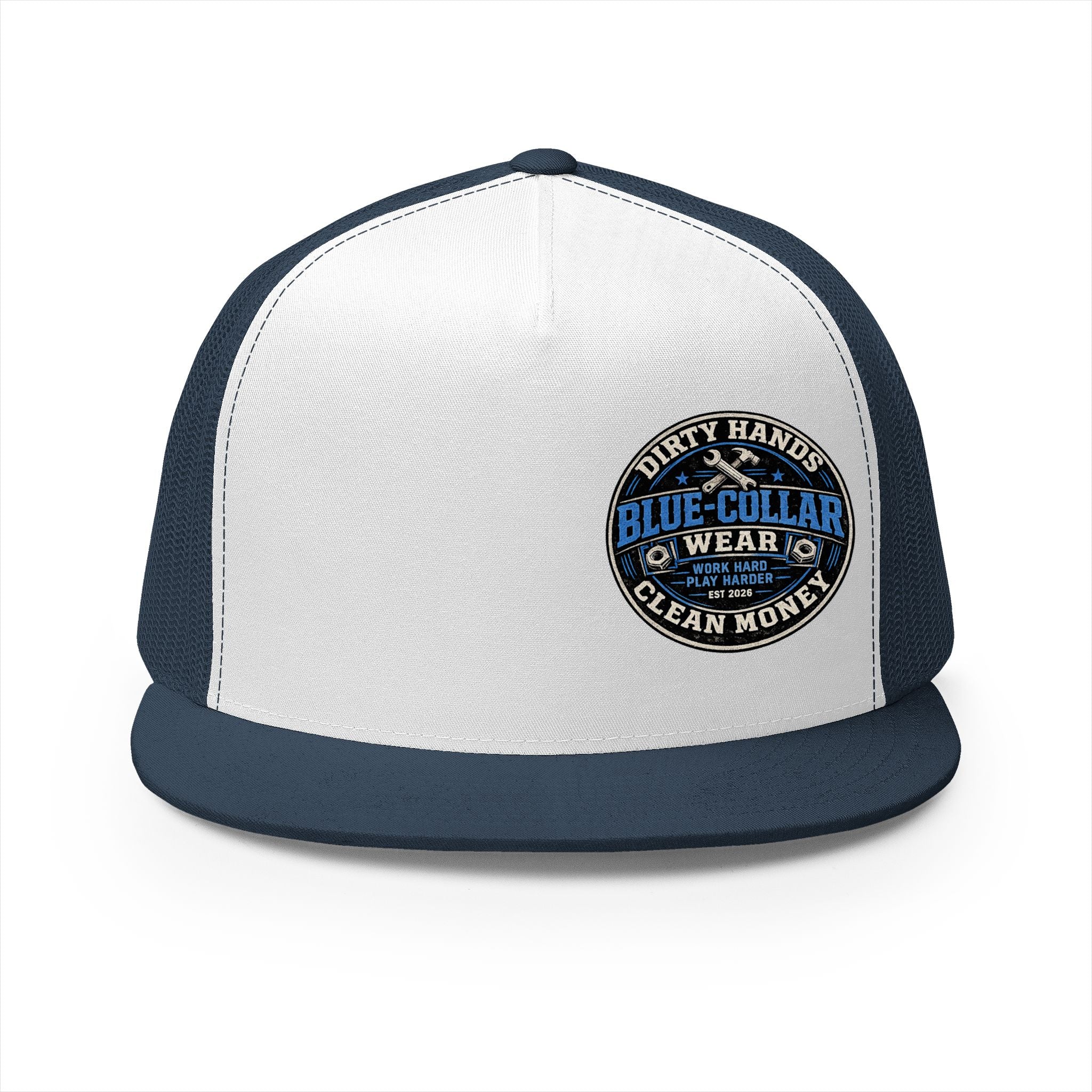Blue-Collar Workwear Trucker Cap — "Dirty Hands Clean Money" Patch