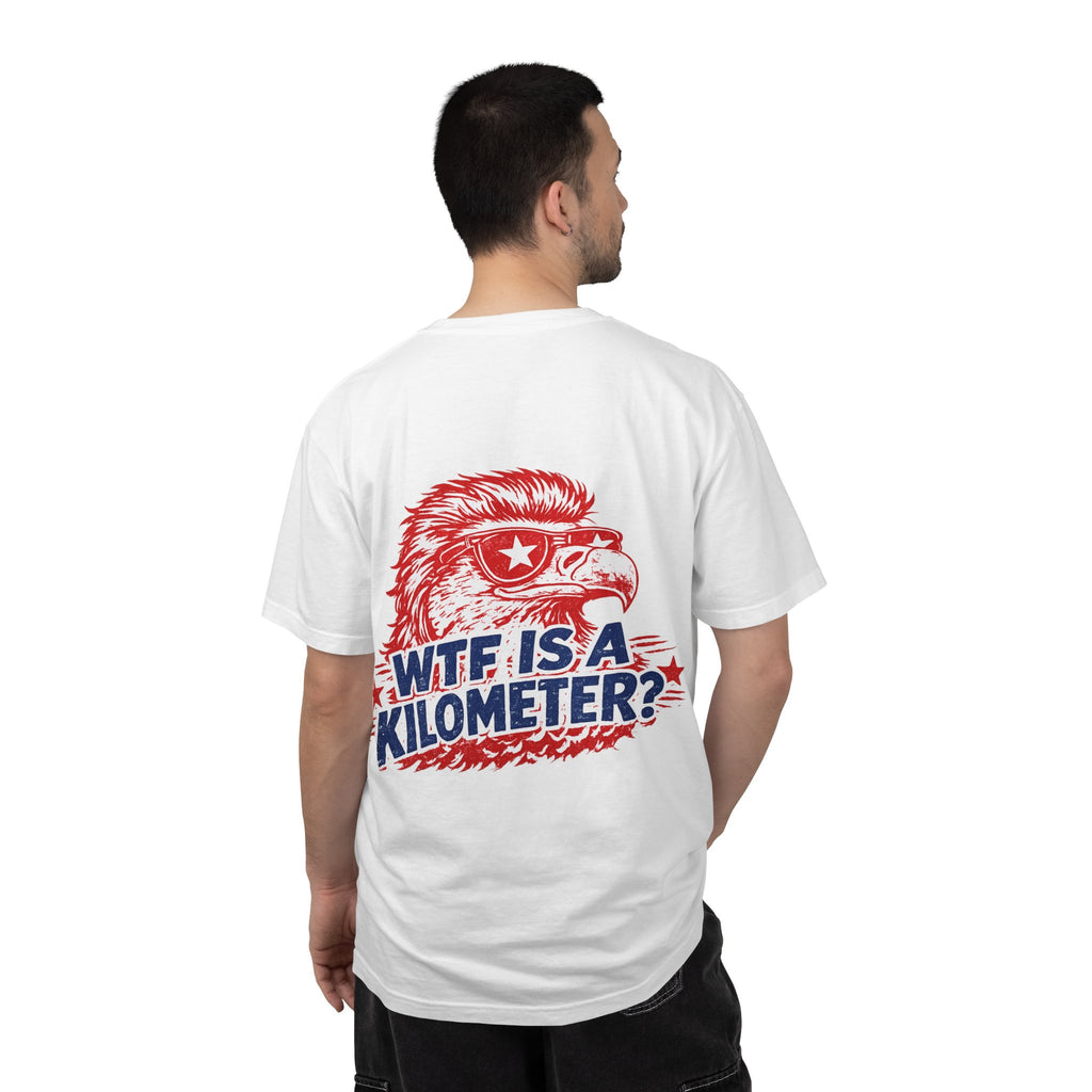 WTF Is a Kilometer? Graphic T‑Shirt — Retro Eagle Patriotic Travel Humor