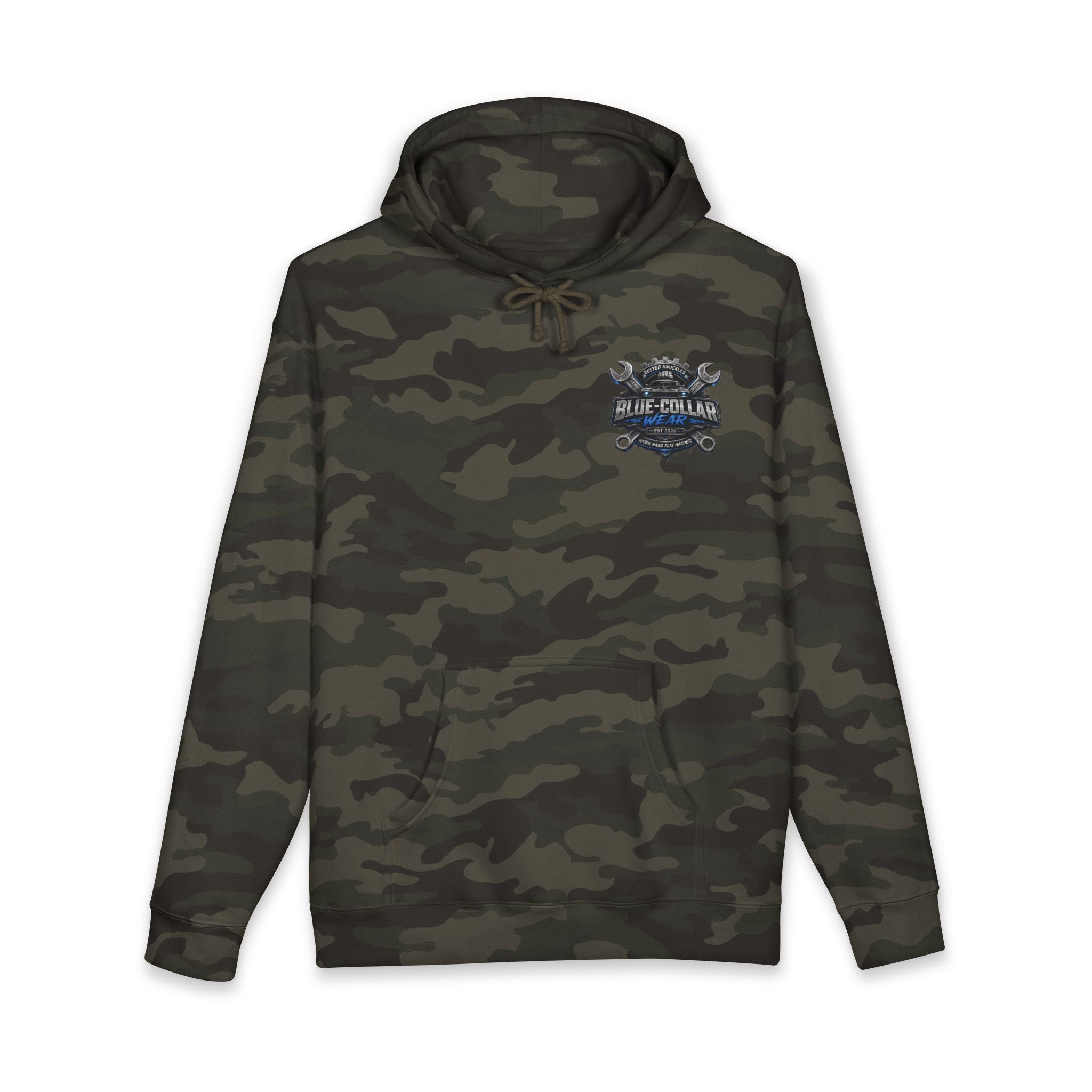 Blue-Collar Wear Hoodie — Mechanic Wrench Logo Workwear Pullover