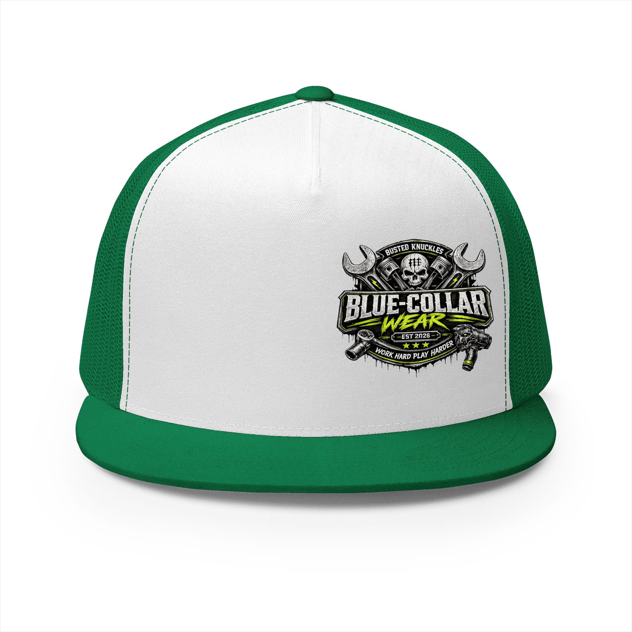Blue Collar Wear Trucker Cap Mechanic — Workwear Skull Logo Mesh Snapback