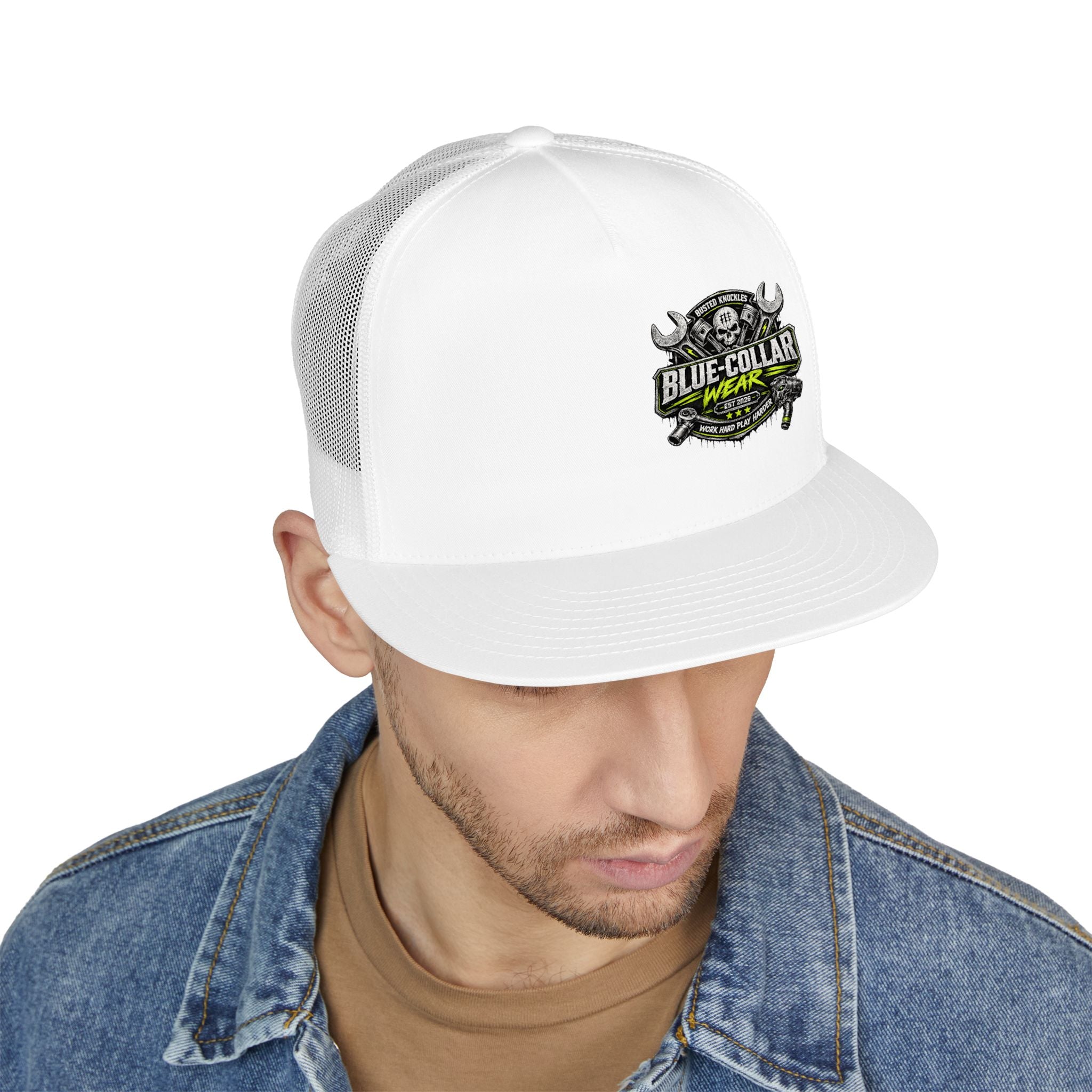 Blue Collar Wear Trucker Cap Mechanic — Workwear Skull Logo Mesh Snapback