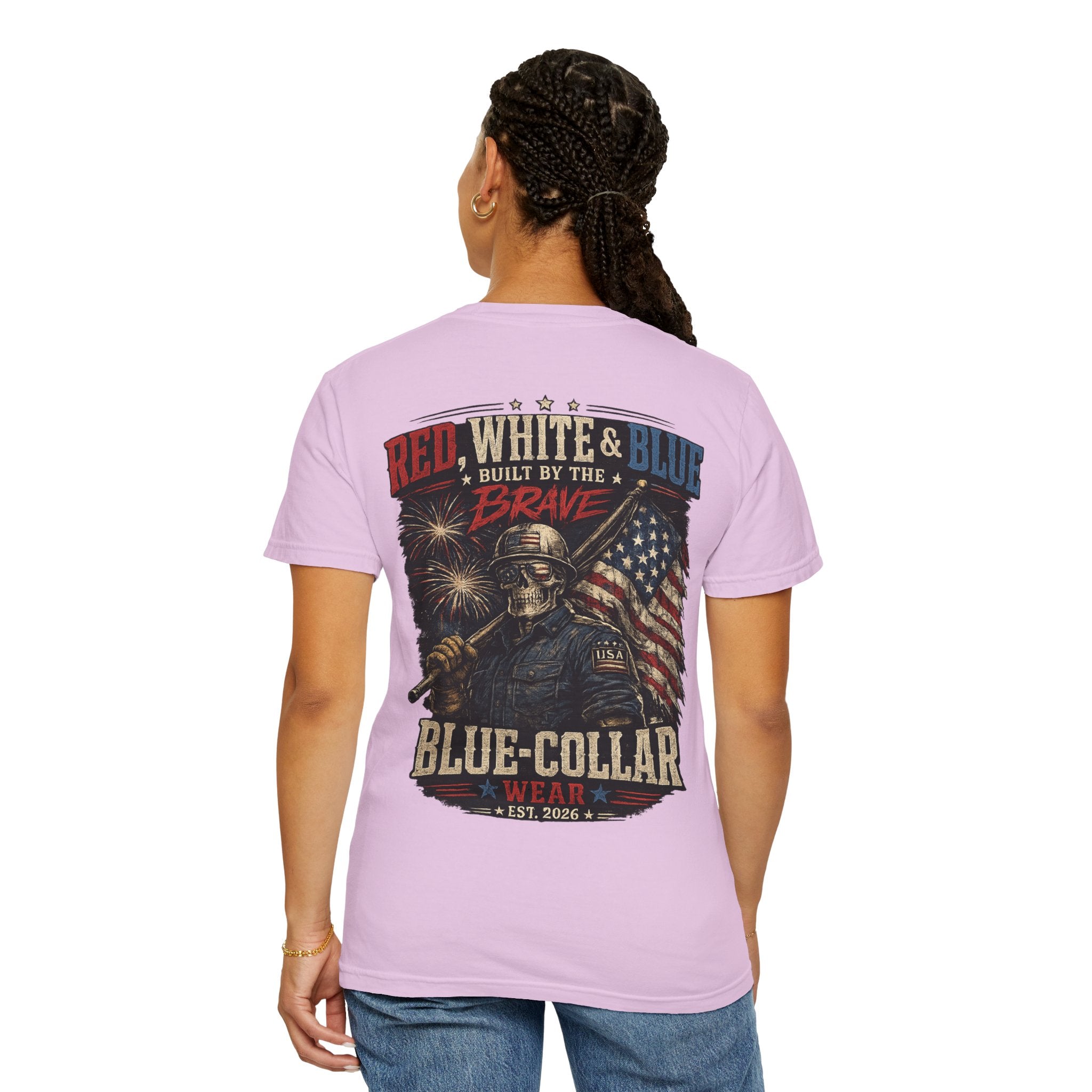 Blue-Collar Wear Patriotic T-Shirt — “Red, White & Blue Built by the Brave”