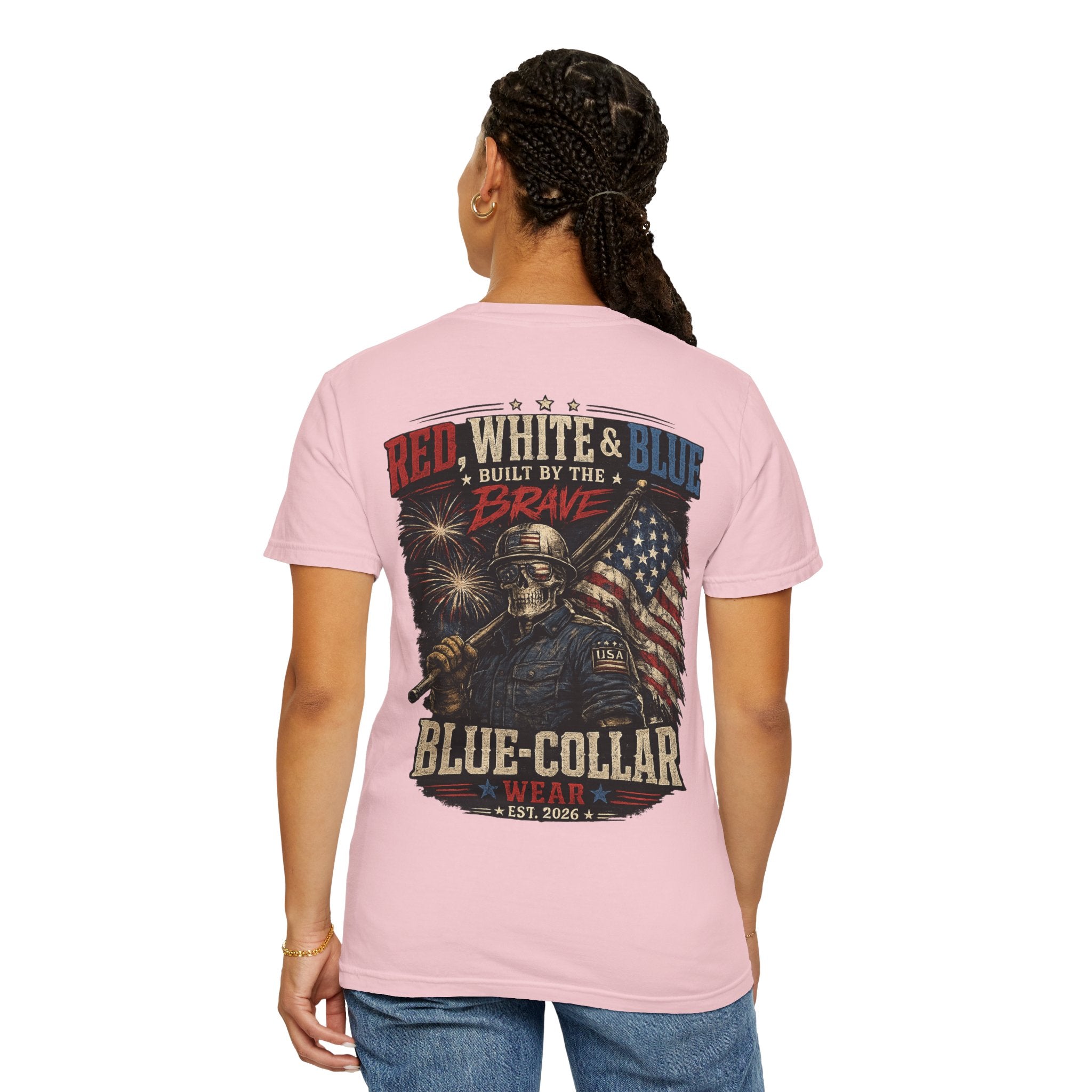 Blue-Collar Wear Patriotic T-Shirt — “Red, White & Blue Built by the Brave”
