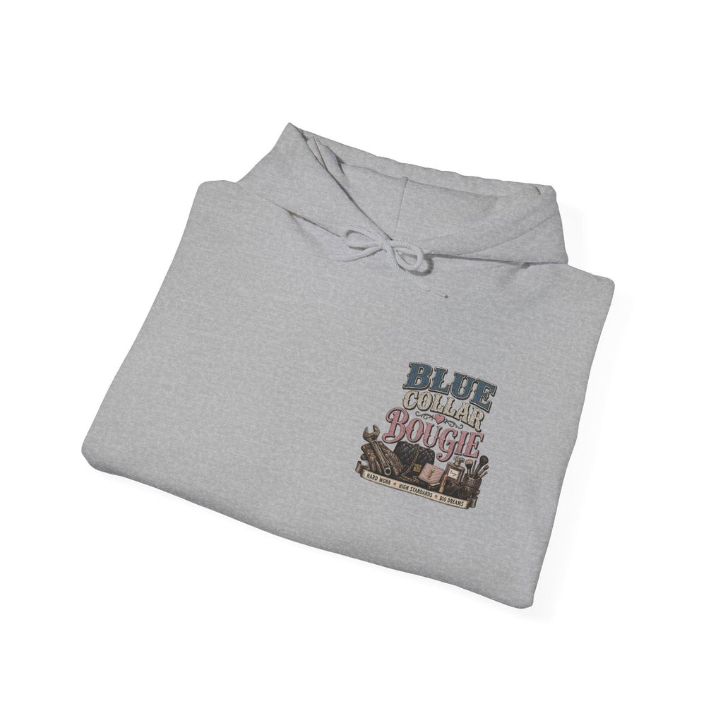 Blue Collar Bougie Hoodie — Rustic Workwear Graphic Pullover