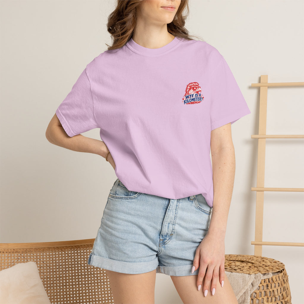 WTF Is a Kilometer? Graphic T‑Shirt — Retro Eagle Patriotic Travel Humor