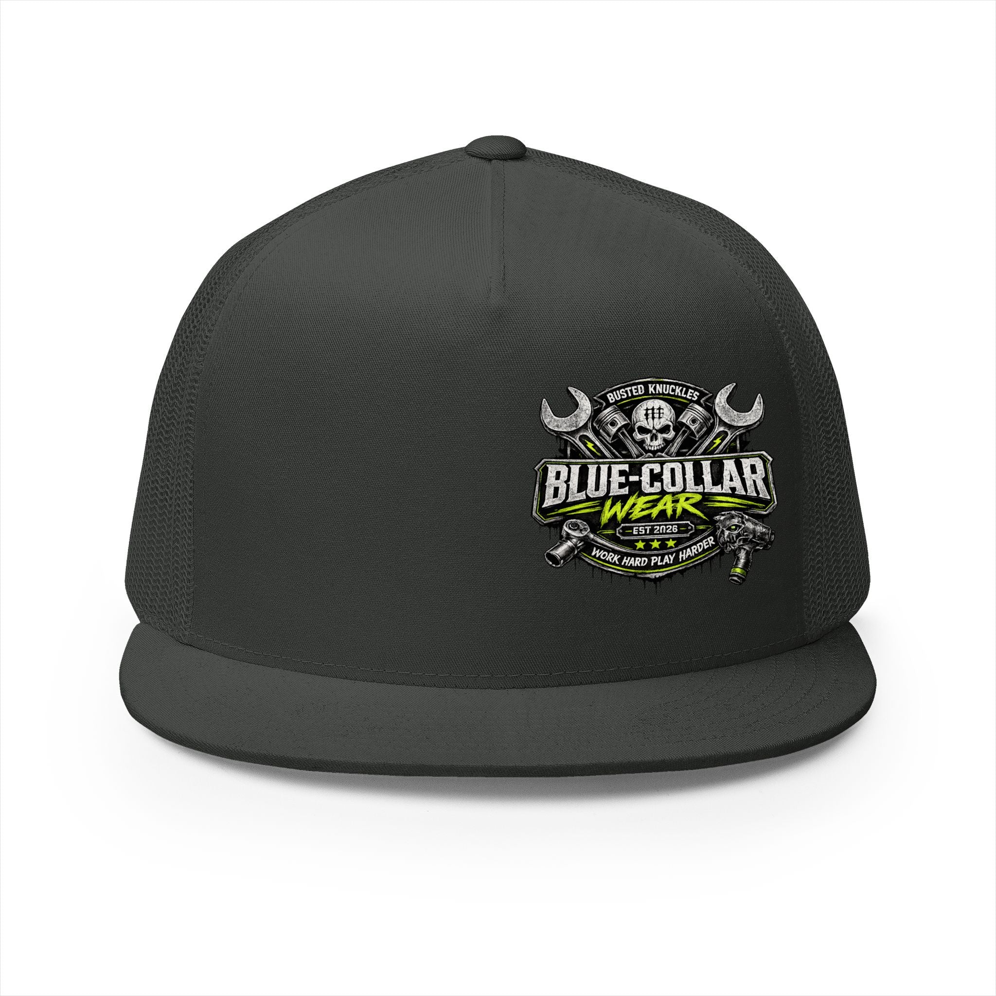 Blue Collar Wear Trucker Cap Mechanic — Workwear Skull Logo Mesh Snapback
