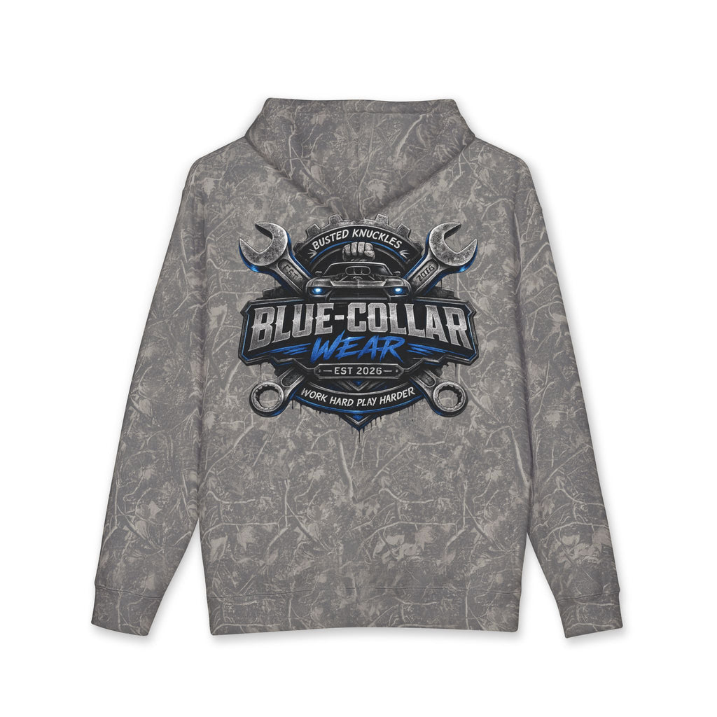 Blue-Collar Wear Hoodie — Mechanic Wrench Logo Workwear Pullover