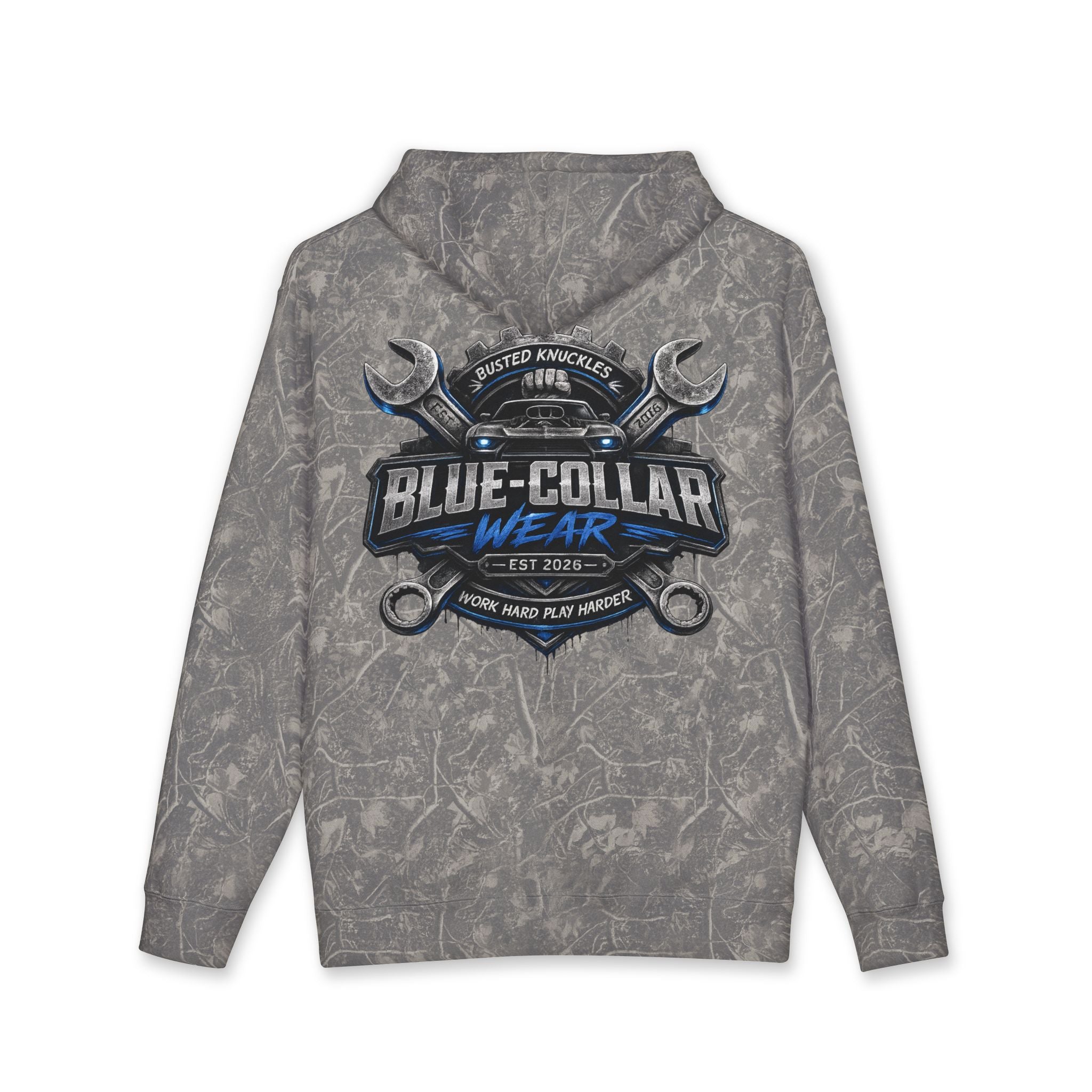Blue-Collar Wear Hoodie — Mechanic Wrench Logo Workwear Pullover