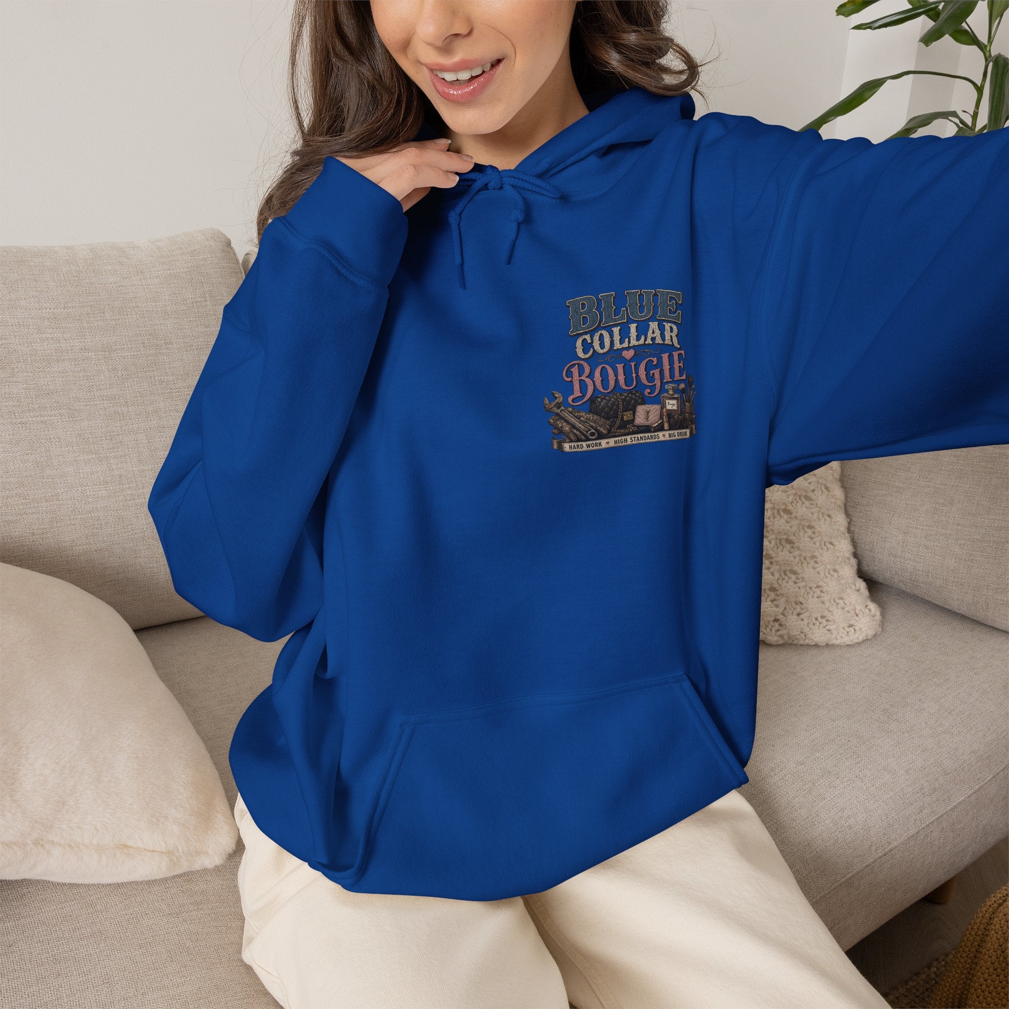 Blue Collar Bougie Hoodie — Rustic Workwear Graphic Pullover