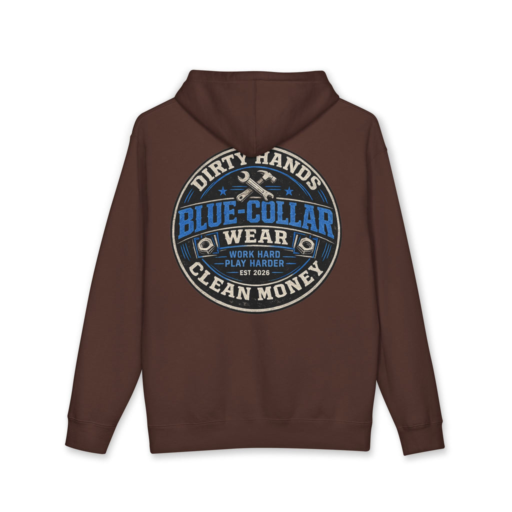 Blue-Collar Workwear Hoodie — "Dirty Hands, Clean Money" Chest & Back Graphic