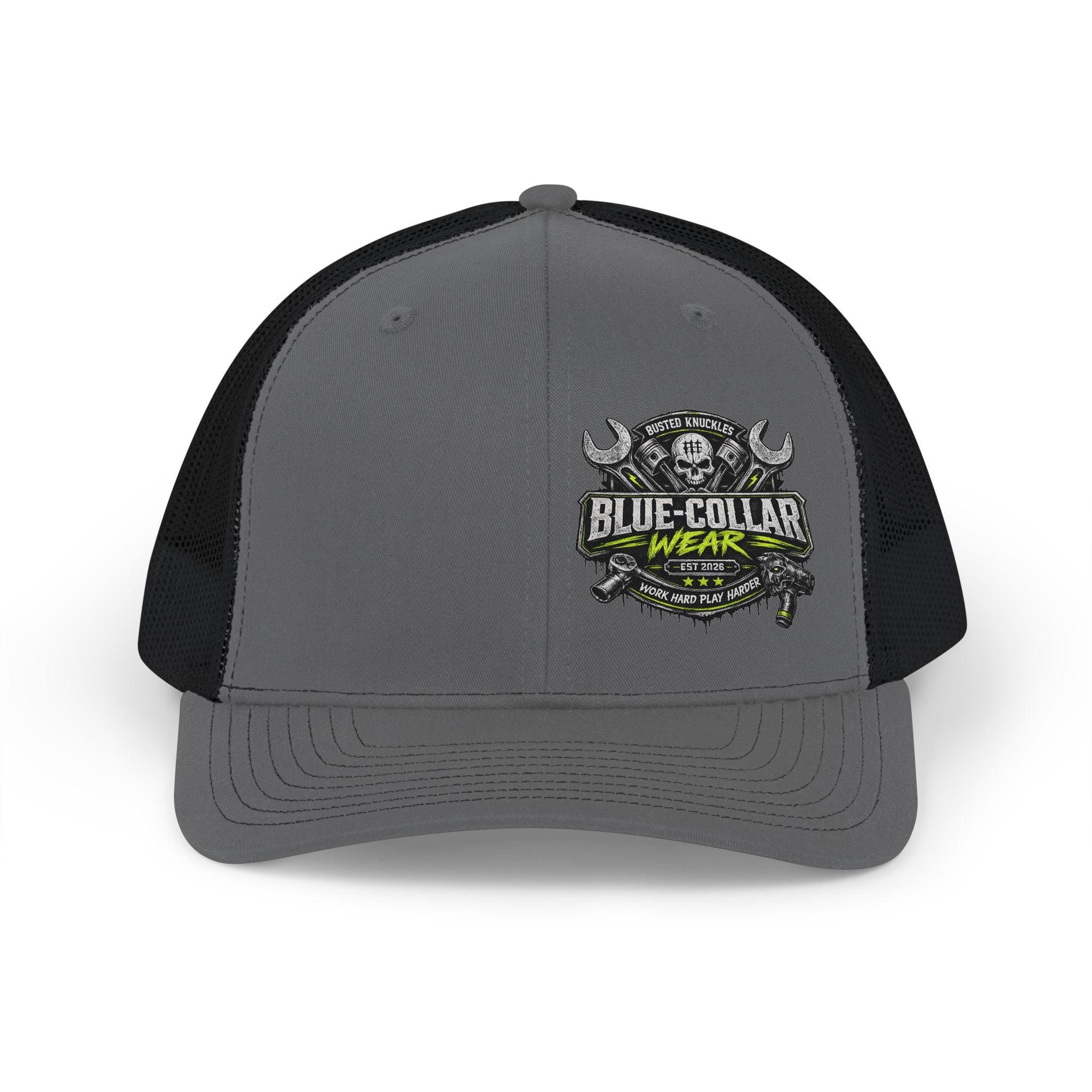 Snapback Trucker Cap Mechanic — Blue Collar Wear Skull Logo Mesh Hat