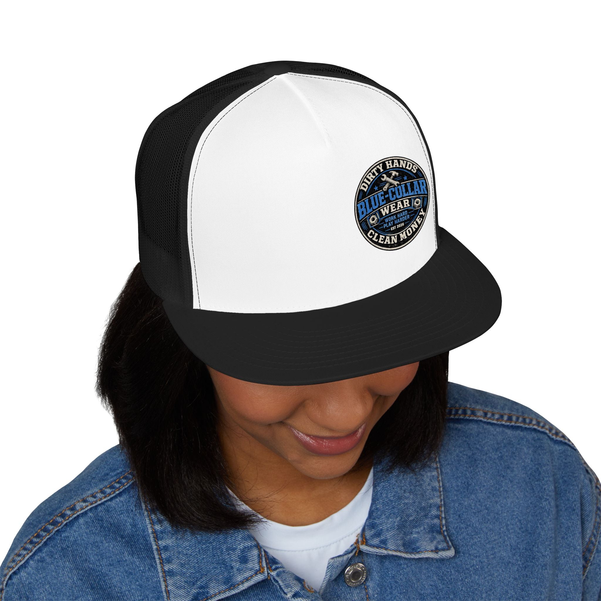 Blue-Collar Workwear Trucker Cap — "Dirty Hands Clean Money" Patch