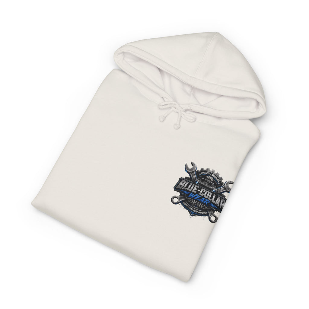 Blue-Collar Wear Hoodie — Mechanic Wrench Logo Workwear Pullover
