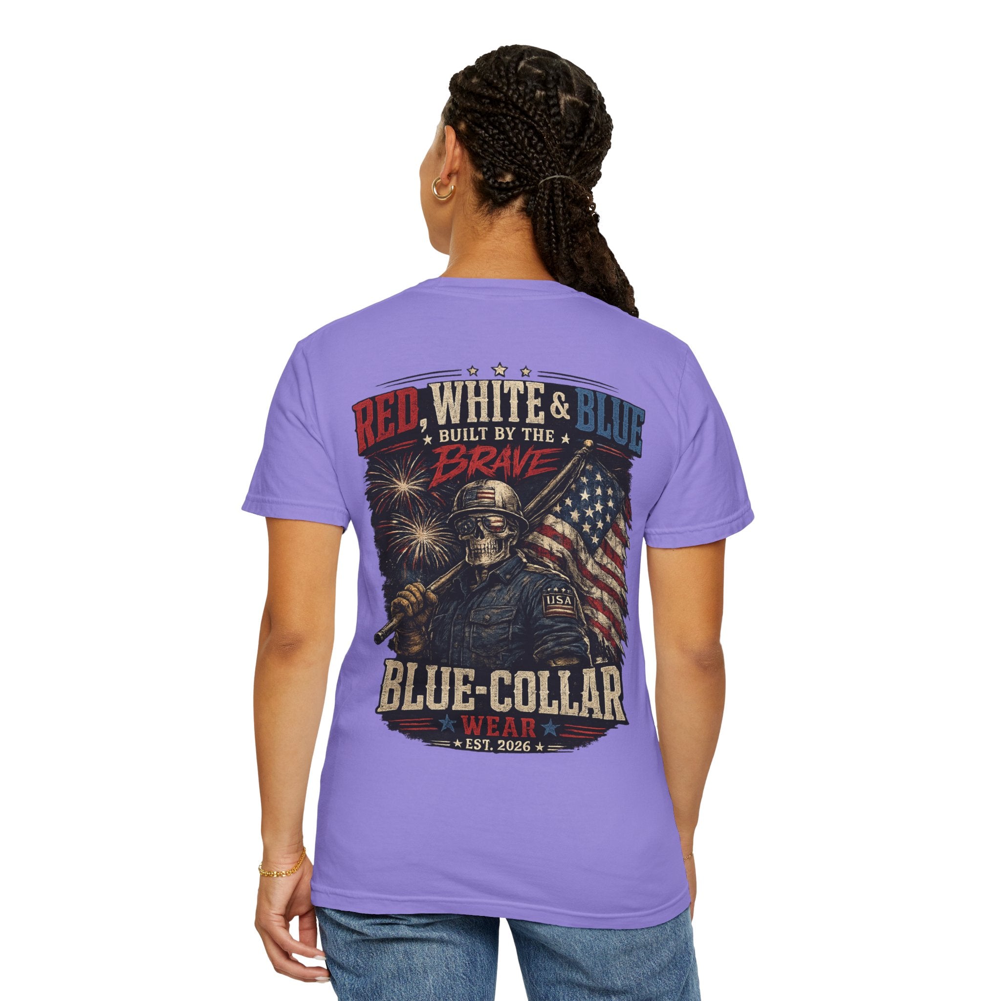 Blue-Collar Wear Patriotic T-Shirt — “Red, White & Blue Built by the Brave”