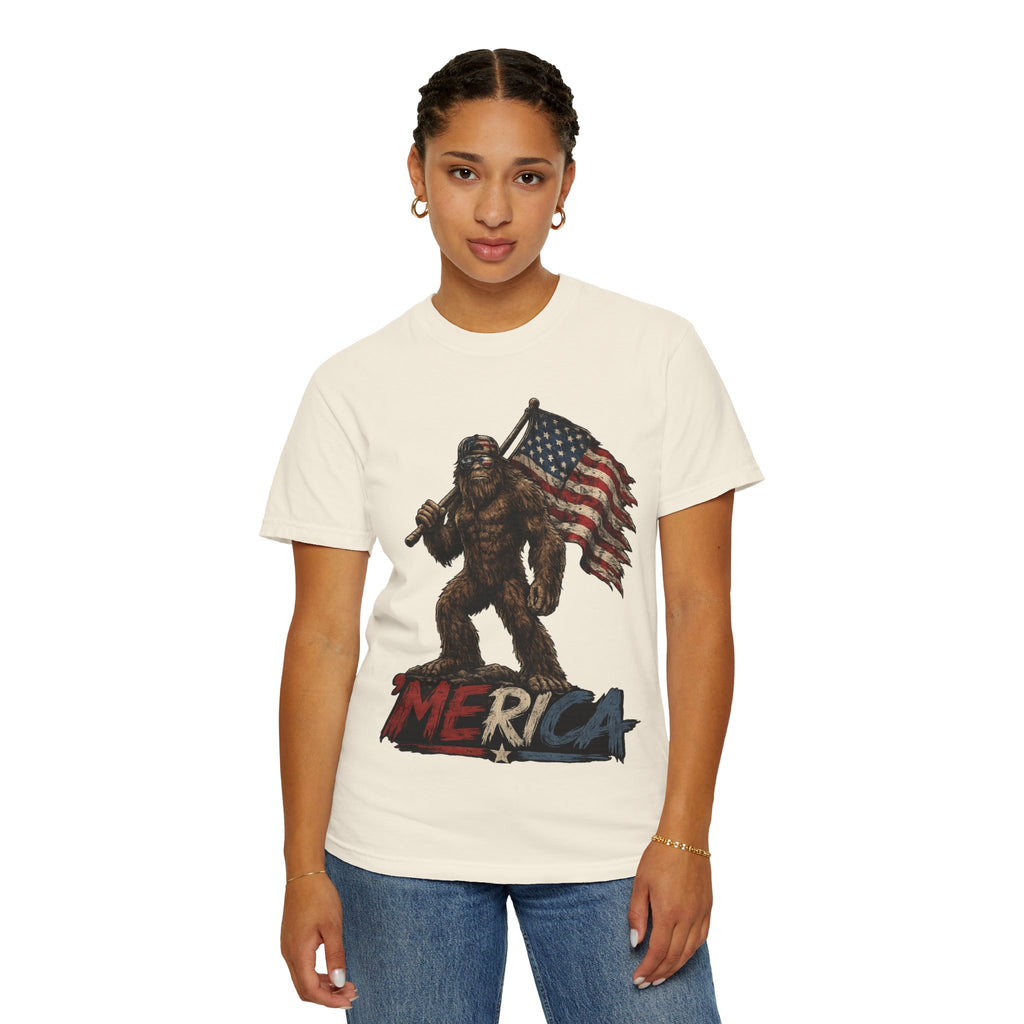 'Merica Bigfoot Flag T-Shirt — Patriotic Sasquatch Americana Tee
