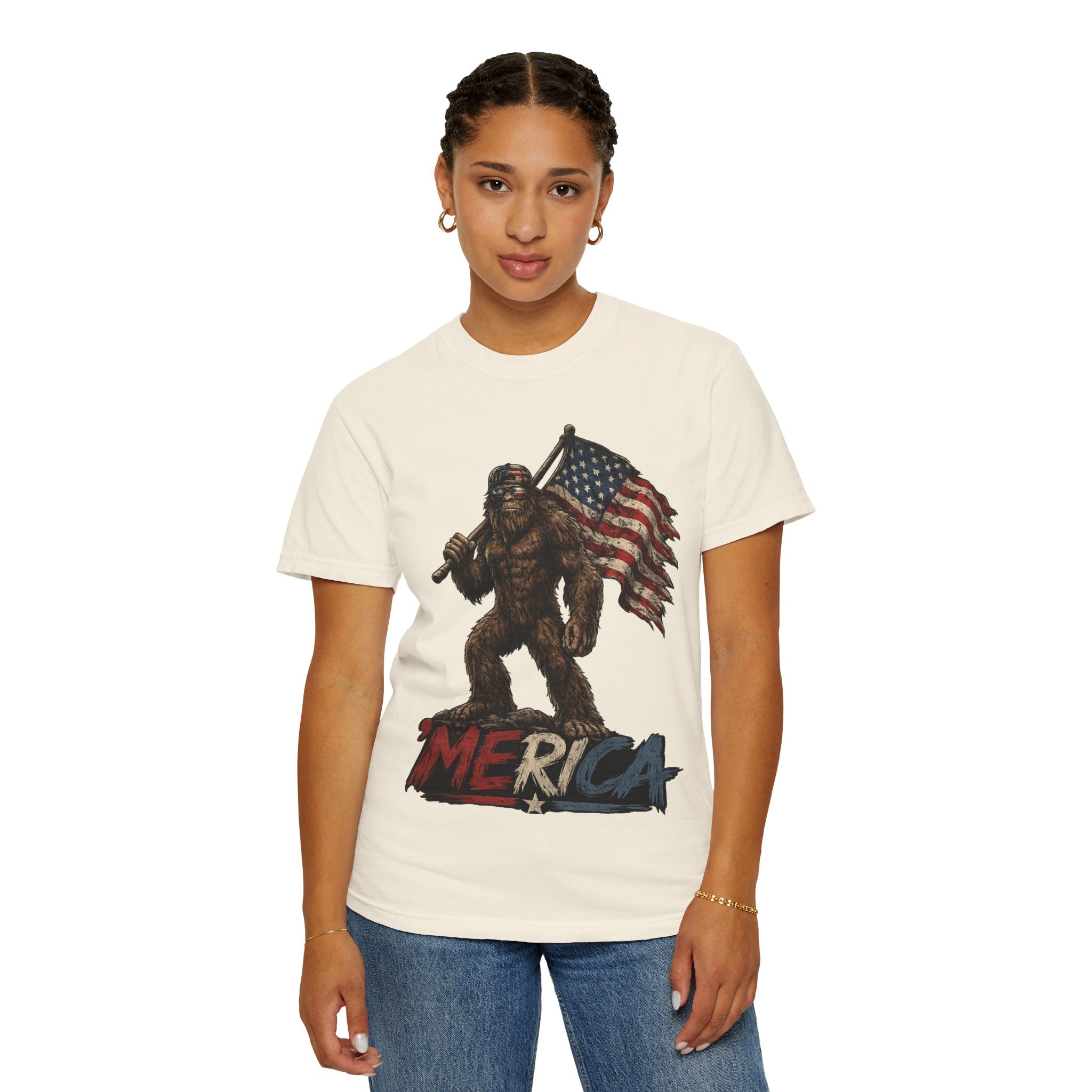 'Merica Bigfoot Flag T-Shirt — Patriotic Sasquatch Americana Tee