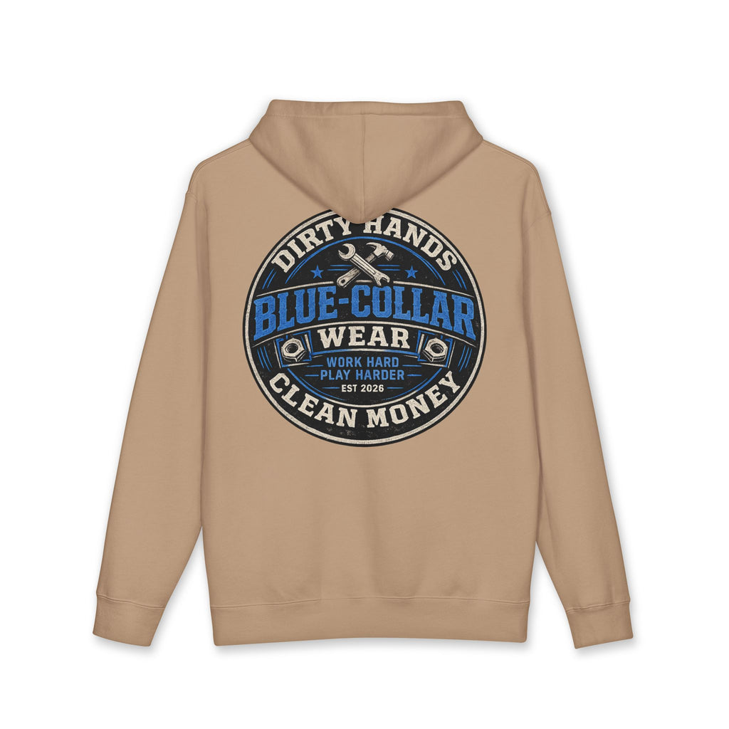 Blue-Collar Workwear Hoodie — "Dirty Hands, Clean Money" Chest & Back Graphic