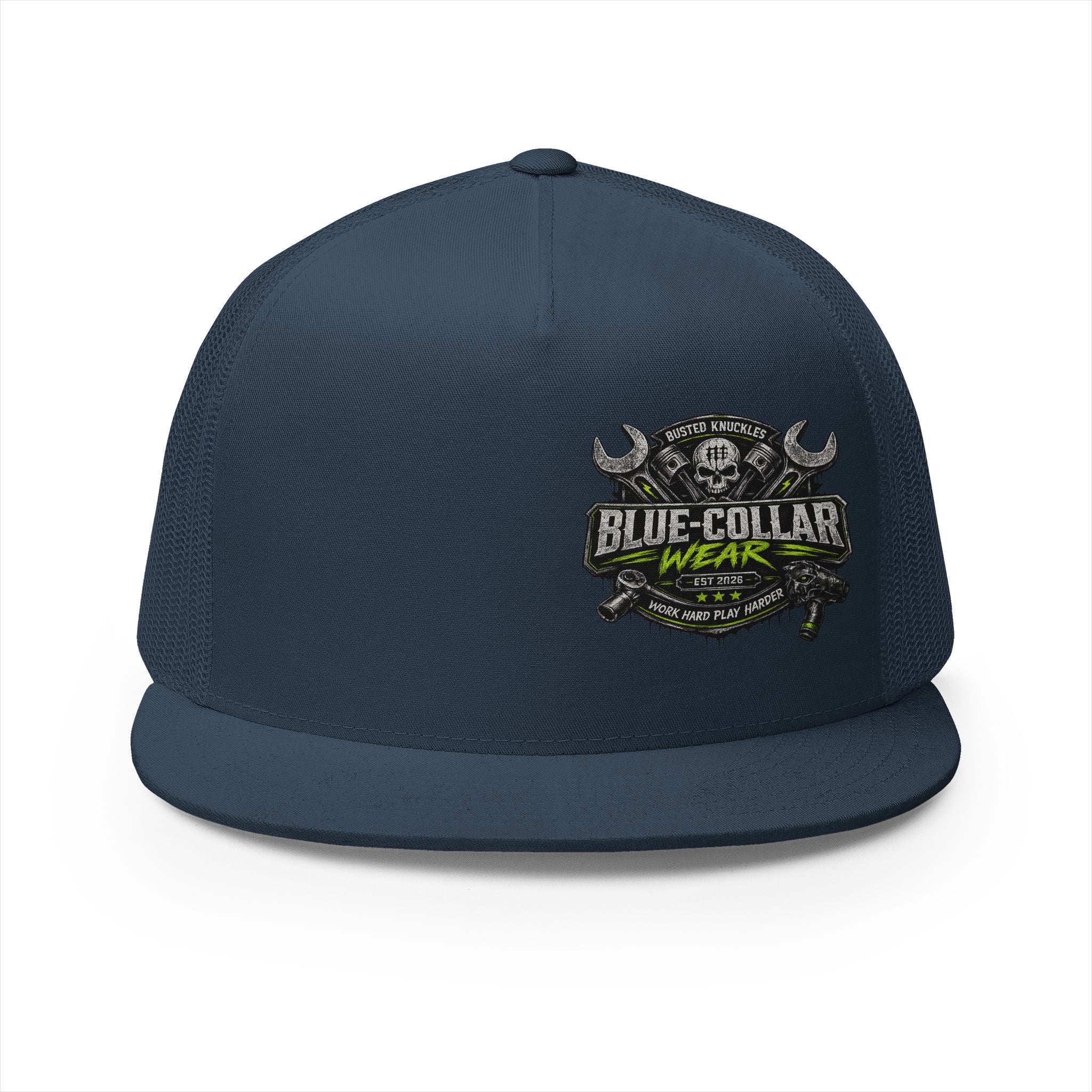 Blue Collar Wear Trucker Cap Mechanic — Workwear Skull Logo Mesh Snapback