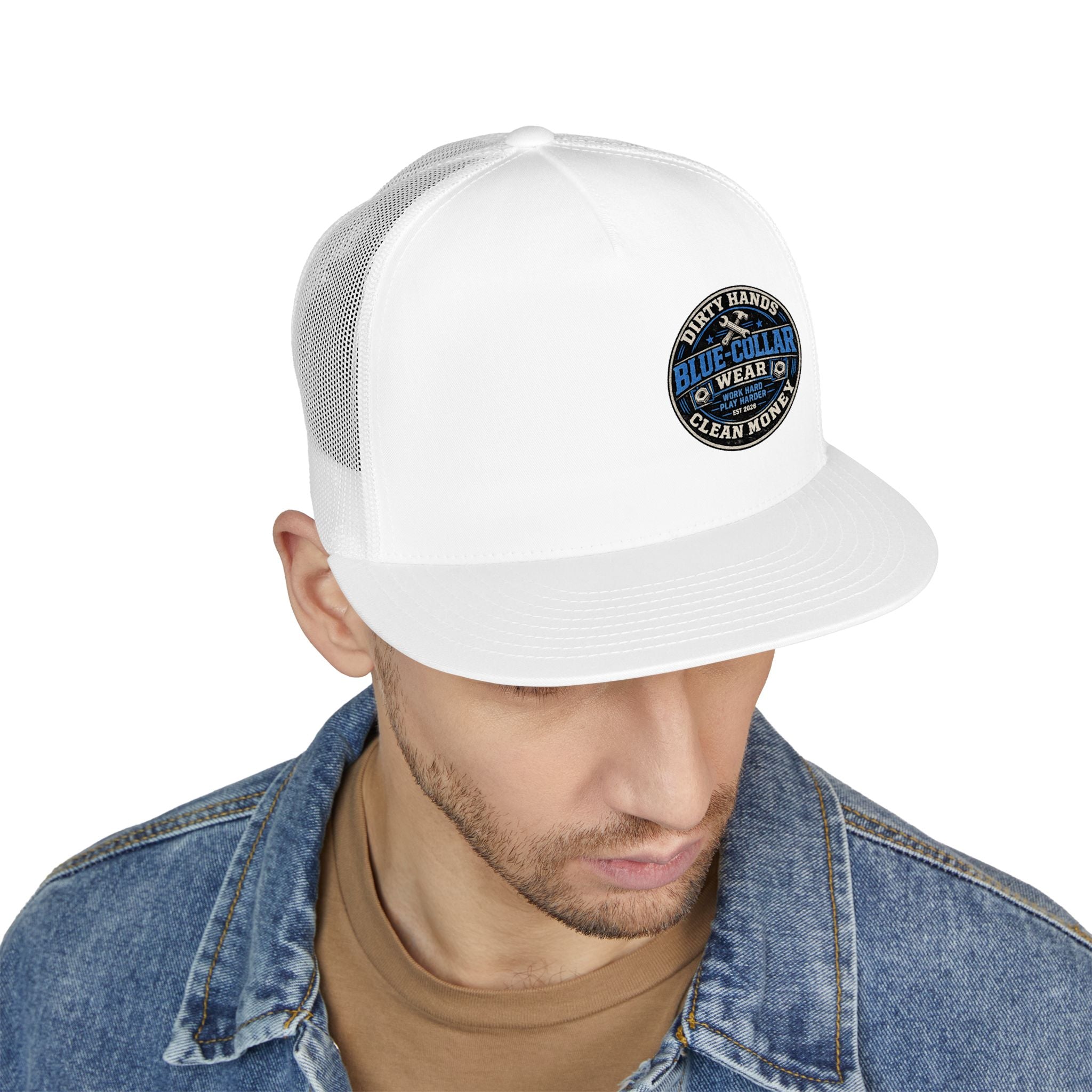 Blue-Collar Workwear Trucker Cap — "Dirty Hands Clean Money" Patch