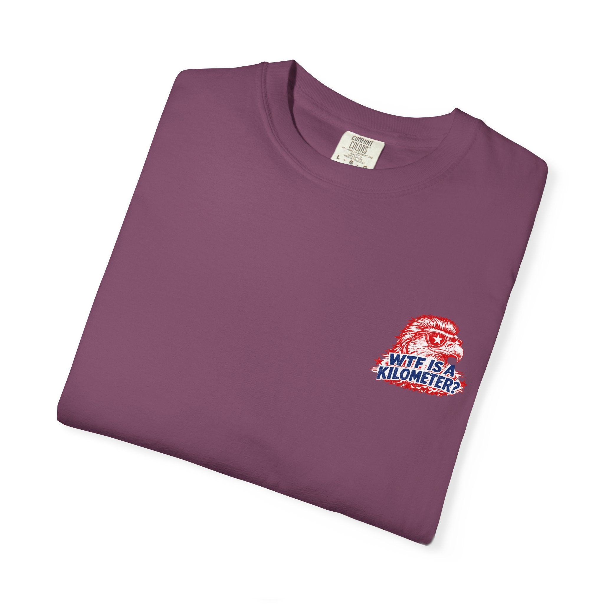 WTF Is a Kilometer? Graphic T‑Shirt — Retro Eagle Patriotic Travel Humor