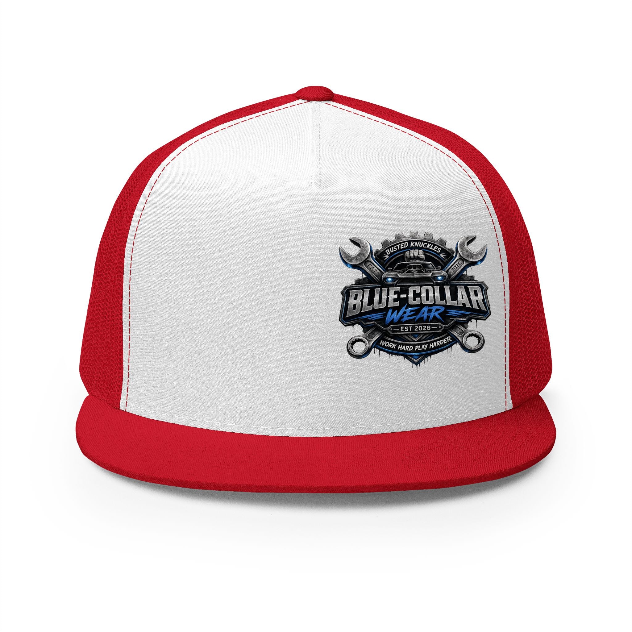 Blue-Collar Wear Trucker Cap — Vintage Mechanic Logo Snapback