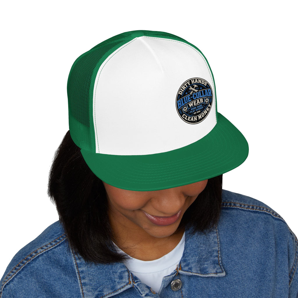 Blue-Collar Workwear Trucker Cap — "Dirty Hands Clean Money" Patch