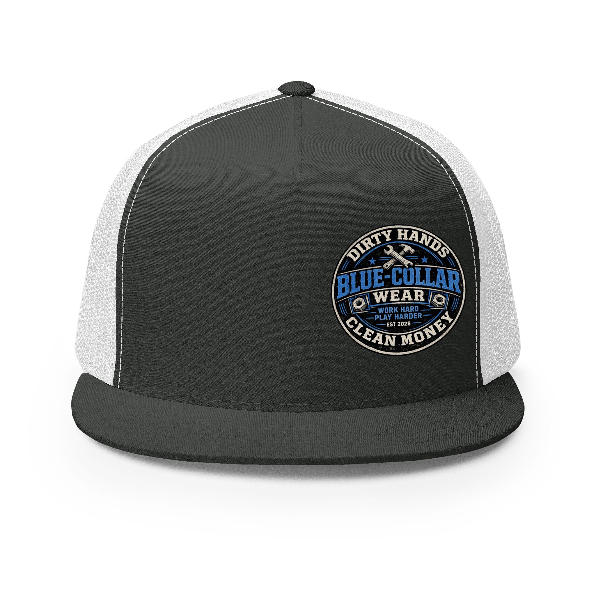 Blue-Collar Workwear Trucker Cap — "Dirty Hands Clean Money" Patch