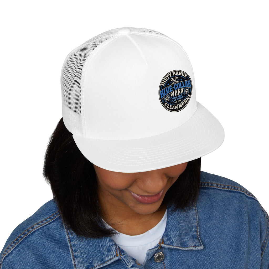 Blue-Collar Workwear Trucker Cap — "Dirty Hands Clean Money" Patch