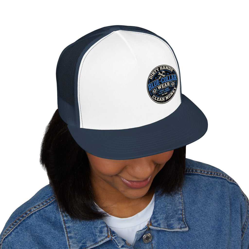 Blue-Collar Workwear Trucker Cap — "Dirty Hands Clean Money" Patch