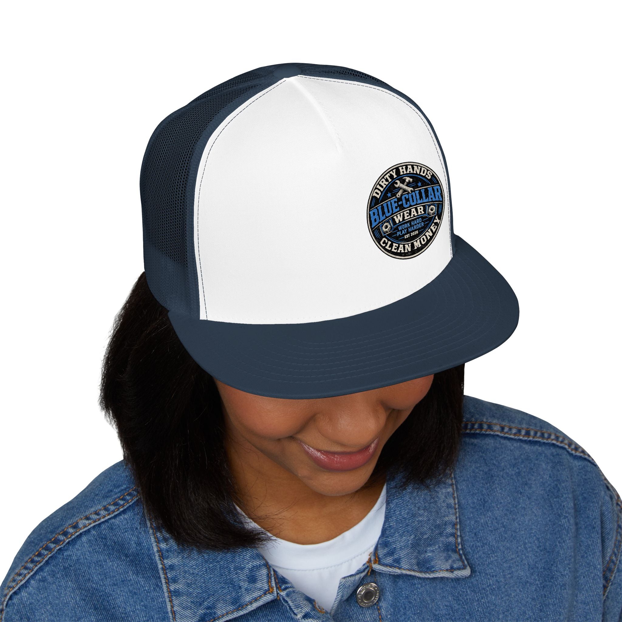 Blue-Collar Workwear Trucker Cap — "Dirty Hands Clean Money" Patch