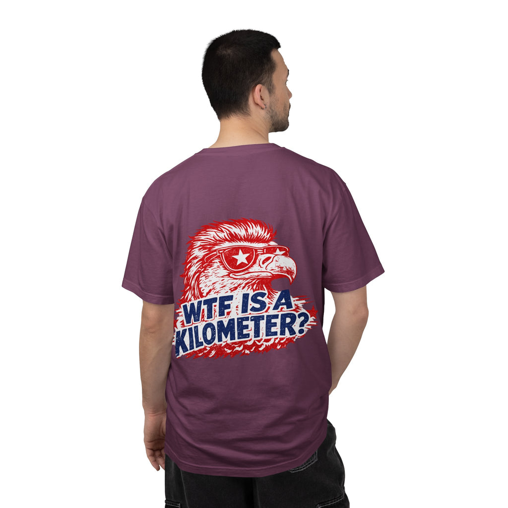 WTF Is a Kilometer? Graphic T‑Shirt — Retro Eagle Patriotic Travel Humor