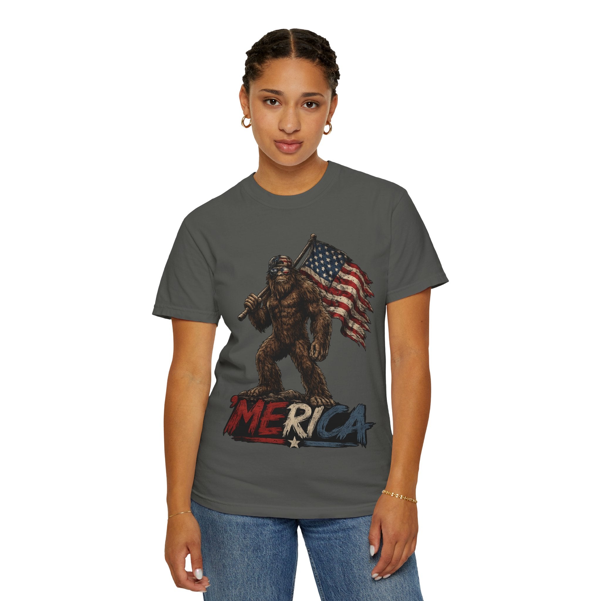 'Merica Bigfoot Flag T-Shirt — Patriotic Sasquatch Americana Tee