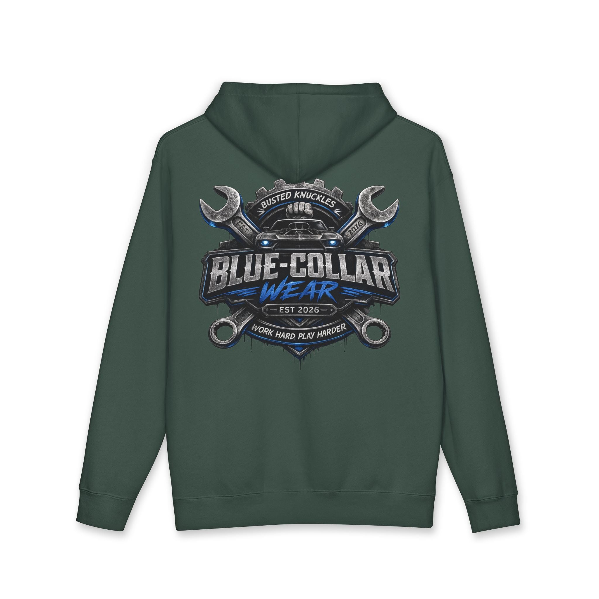 Blue-Collar Wear Hoodie — Mechanic Wrench Logo Workwear Pullover