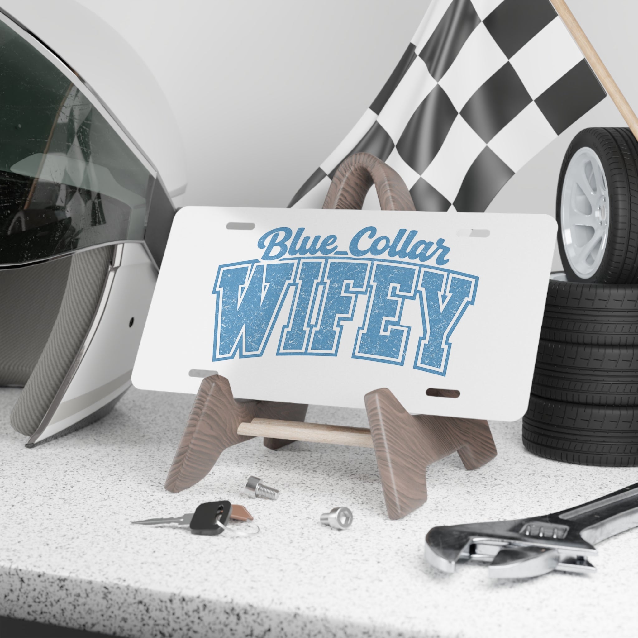 Blue-Collar Wifey Vanity Plate — Metal License-Style Sign for Truck or Car