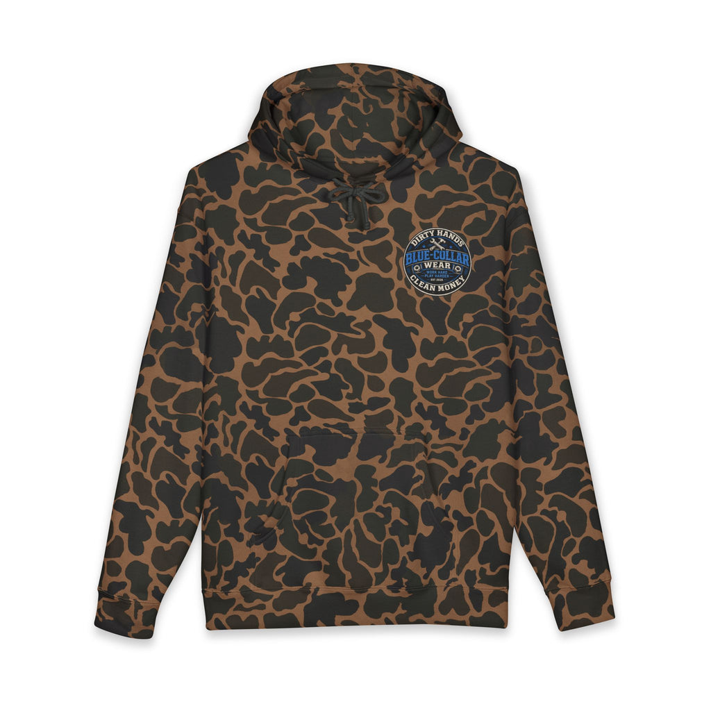 Blue-Collar Workwear Hoodie — "Dirty Hands, Clean Money" Chest & Back Graphic