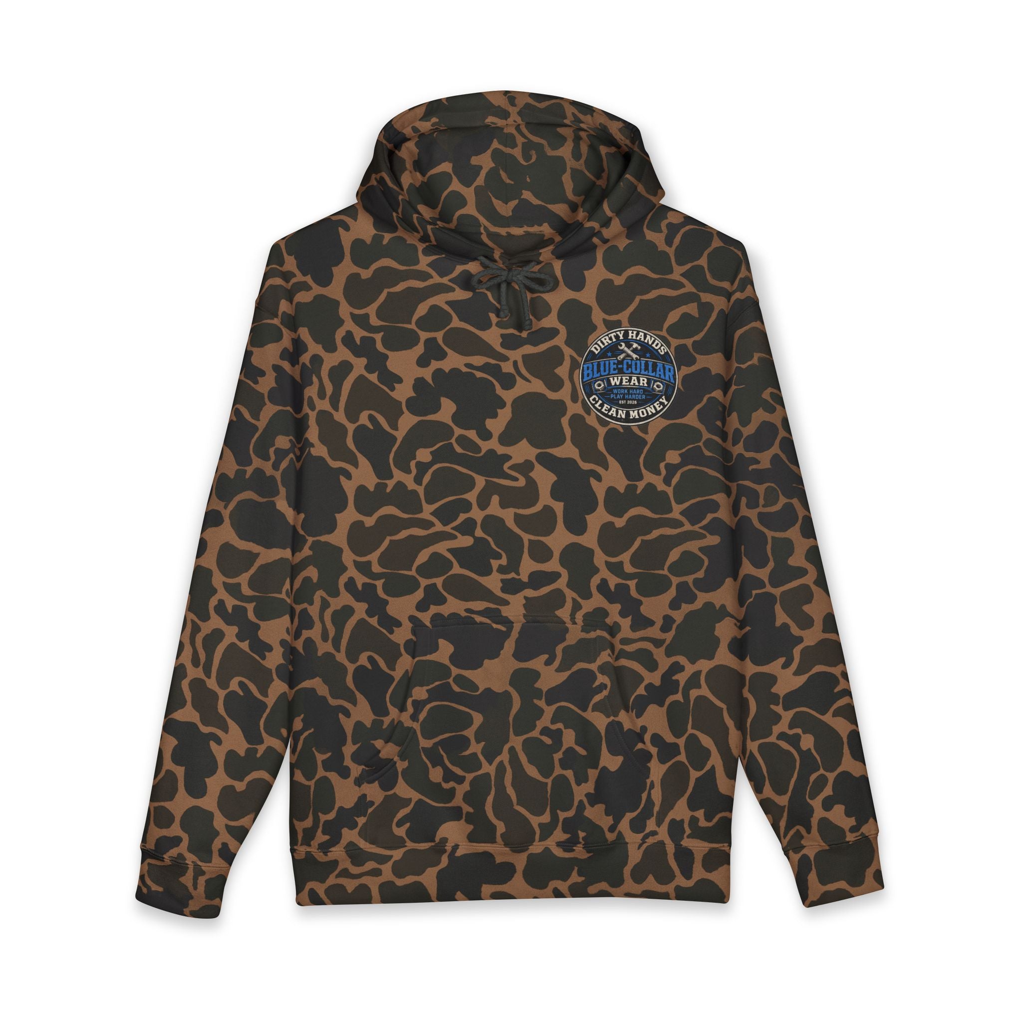 Blue-Collar Workwear Hoodie — "Dirty Hands, Clean Money" Chest & Back Graphic