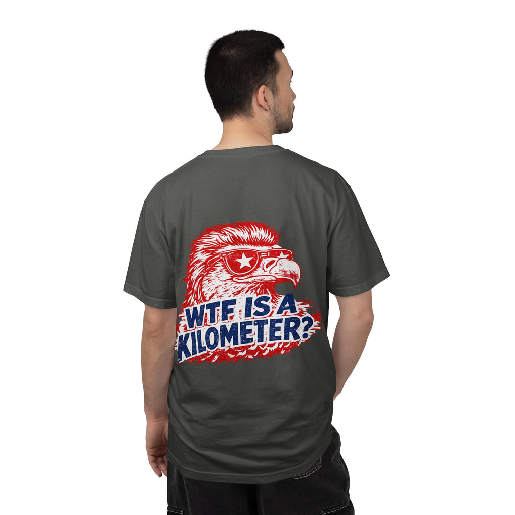 WTF Is a Kilometer? Graphic T‑Shirt — Retro Eagle Patriotic Travel Humor