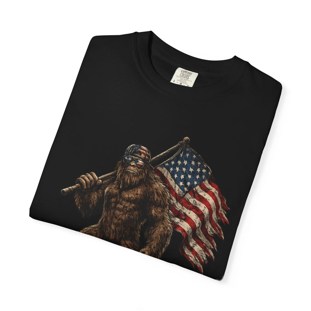 'Merica Bigfoot Flag T-Shirt — Patriotic Sasquatch Americana Tee