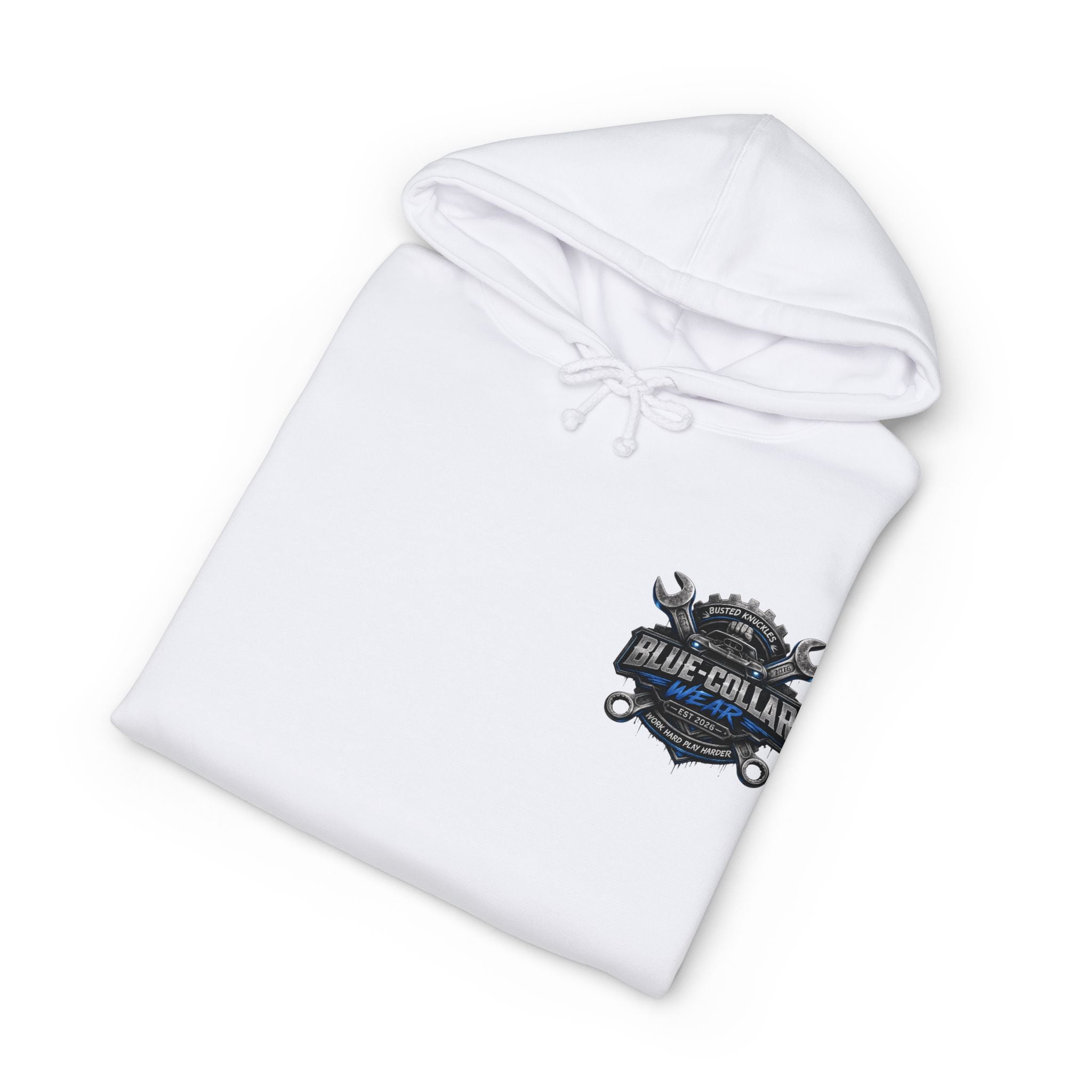 Blue-Collar Wear Hoodie — Mechanic Wrench Logo Workwear Pullover