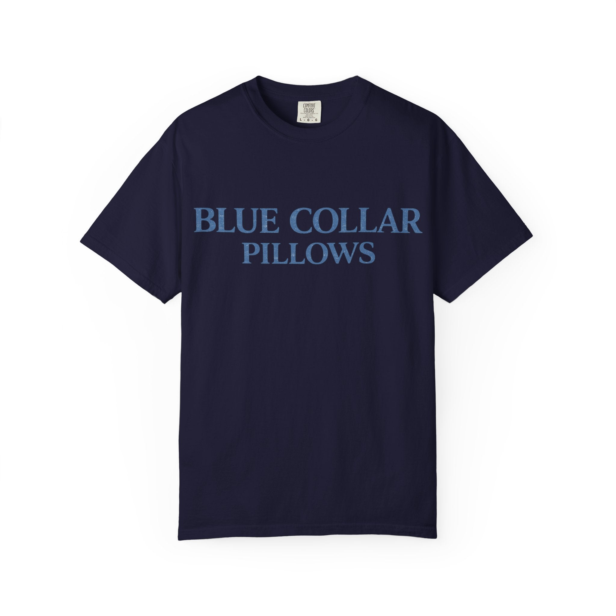 Blue Collar Pillows T-Shirt — Vintage Serif Logo Tee