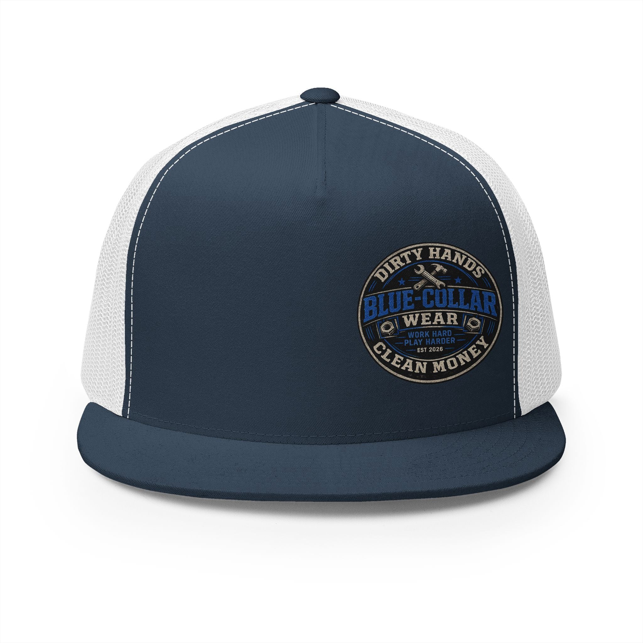 Blue-Collar Workwear Trucker Cap — "Dirty Hands Clean Money" Patch