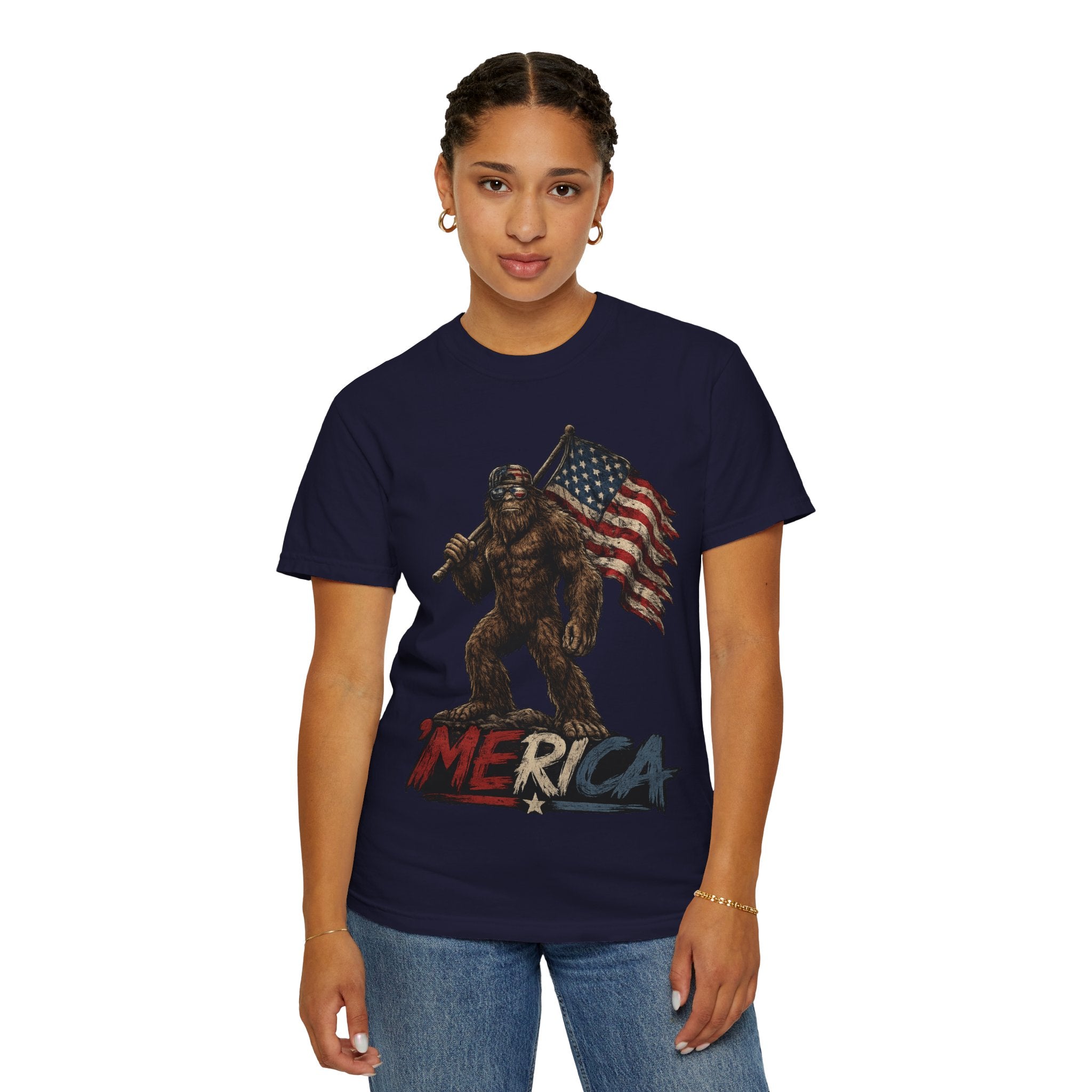 'Merica Bigfoot Flag T-Shirt — Patriotic Sasquatch Americana Tee